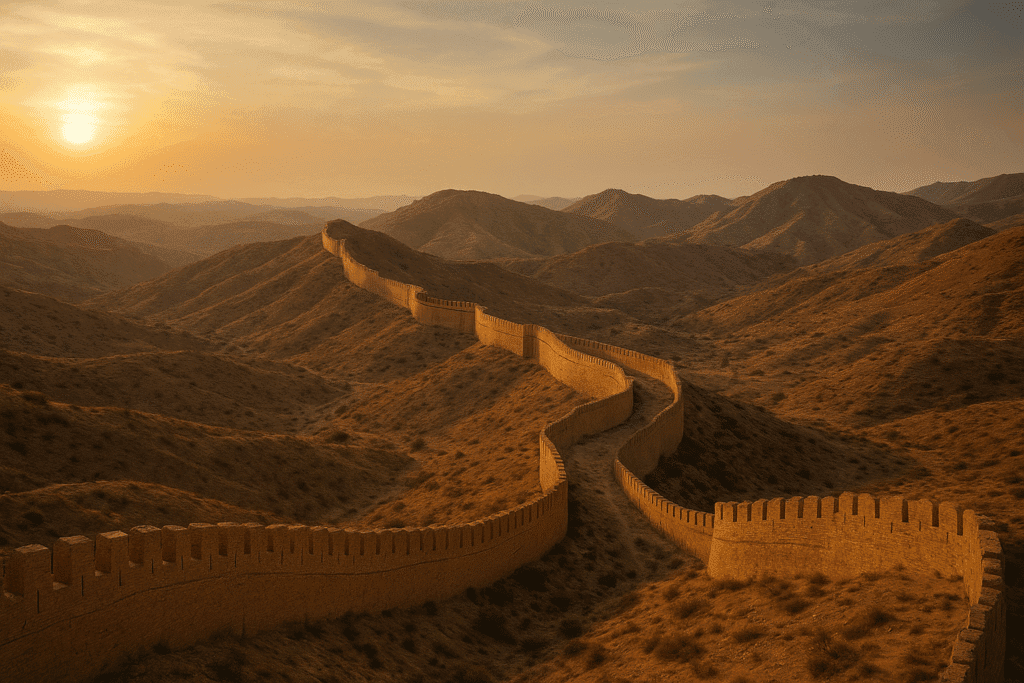 Ranikot Fort walls stretching across the hills.